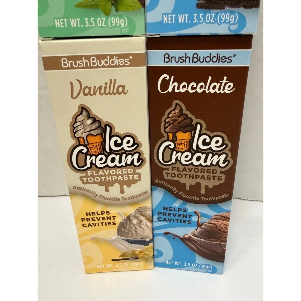 Brush Buddies Ice Cream Flavored Toothpaste 4 Pk Mint Cookies Vanilla Chocolate